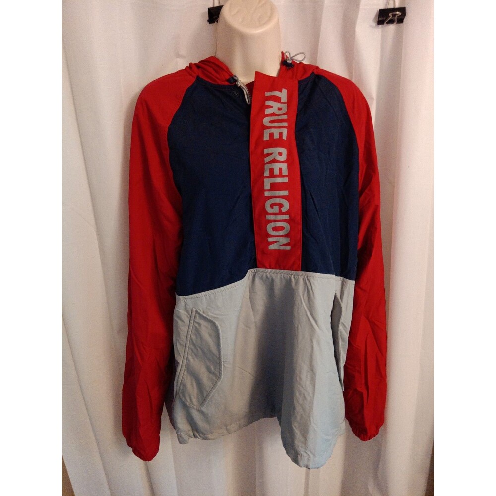 True Religion Jacket Mens M Half Zip Pullover Windbreaker Color Block Spellout